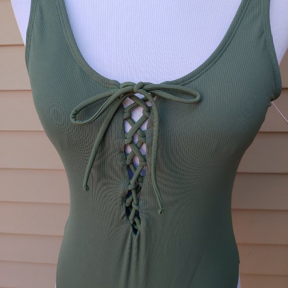 Xhilaration Green Ribbed One-Piece Swimsuit Lace-up Neckline Cheeky NWT - Picture 5 of 13